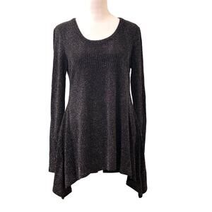 Joan Vass Black Silver Shimmer Knit Blouse Handkerchief Hem Long Sleeve Size M